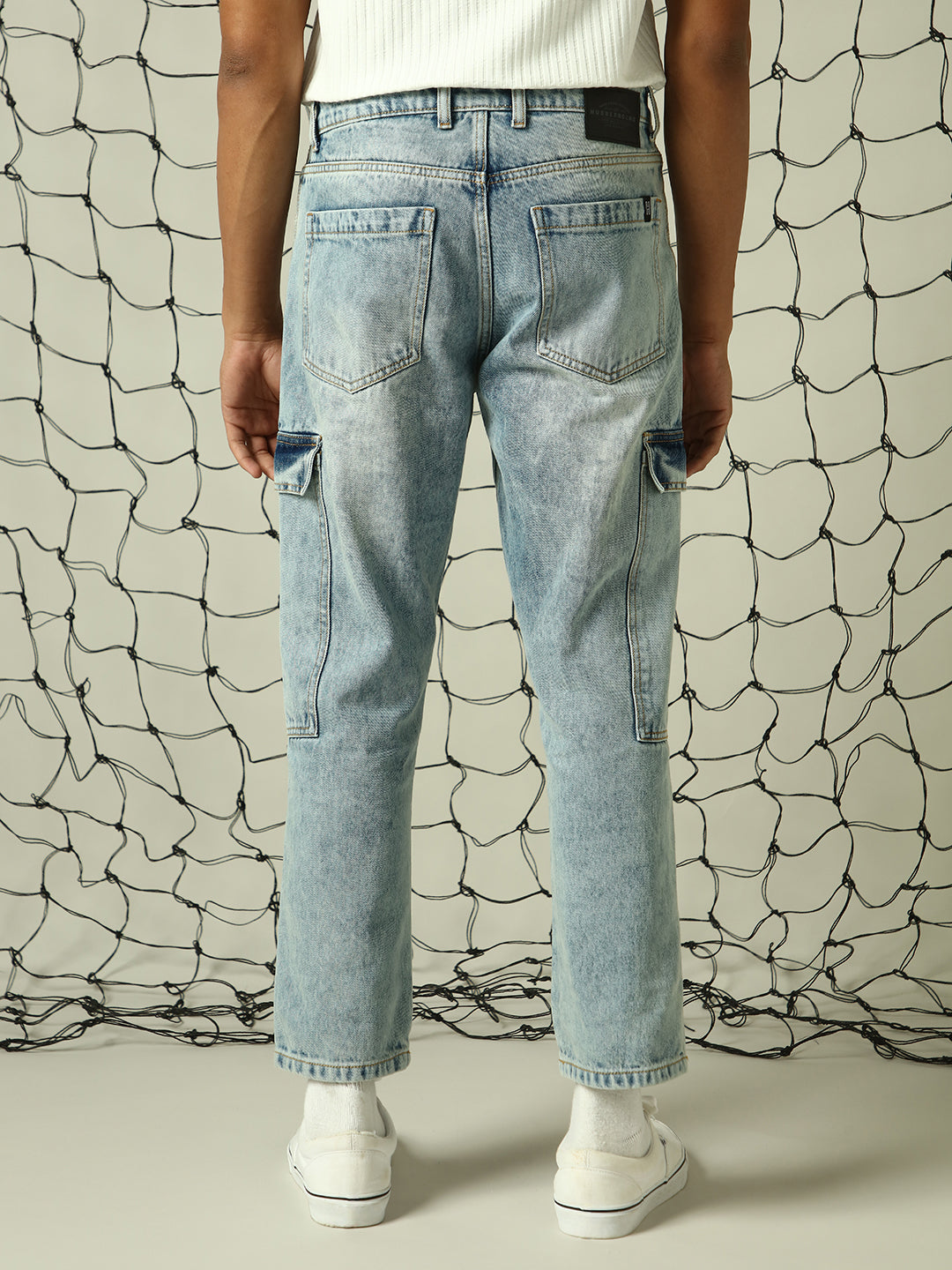 Hubberholme Men Straight Tapered Fit Leg Heavy Fade Carpenter Detail Cotton Cargo Jeans