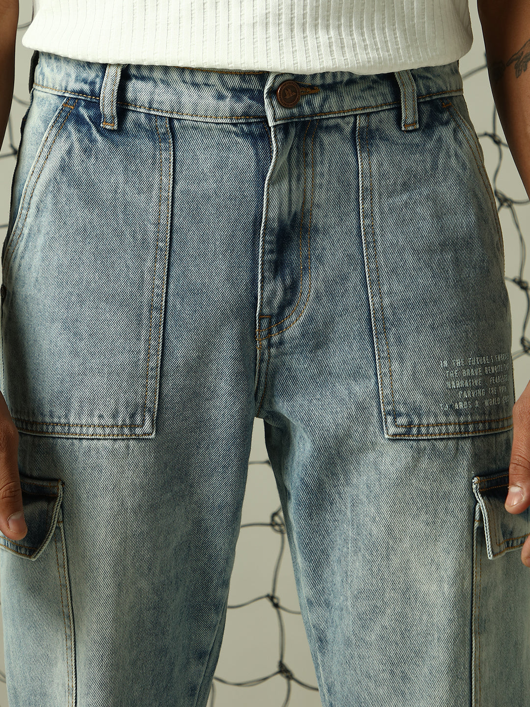 Hubberholme Men Straight Tapered Fit Leg Heavy Fade Carpenter Detail Cotton Cargo Jeans