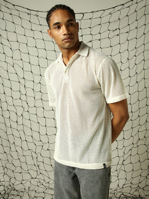 Hubberholme Men Classic Opaque Solid Cuban Collar Textured Fabric Oversized Casual T-Shirt