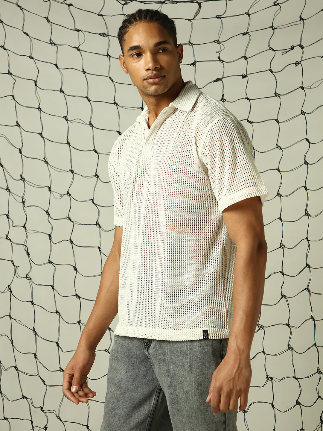 Hubberholme Men Classic Opaque Solid Cuban Collar Textured Fabric Oversized Casual T-Shirt