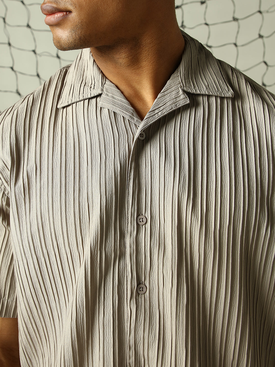 Hubberholme Men Classic Opaque Solid Cuban Collar Textured Fabric Oversized Casual Shirt