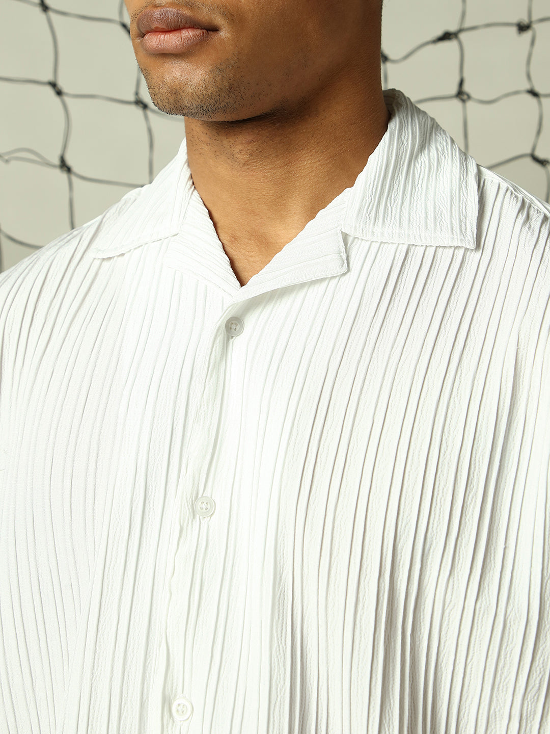 Hubberholme Men Classic Opaque Solid Cuban Collar Textured Fabric Oversized Casual Shirt