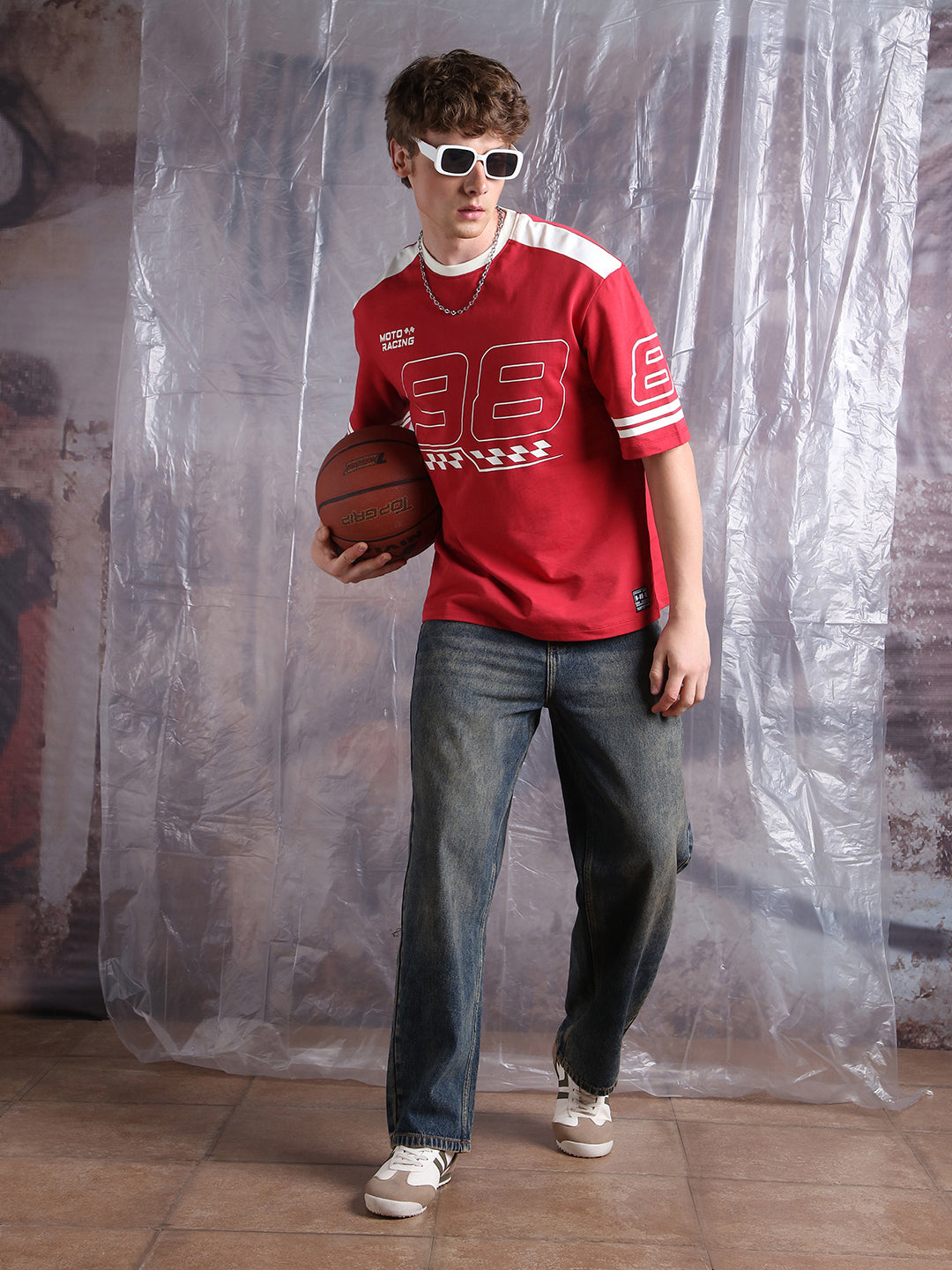 Hubberholme Men Moto Varsity Graphic Printed Oversized Fit T-shirt