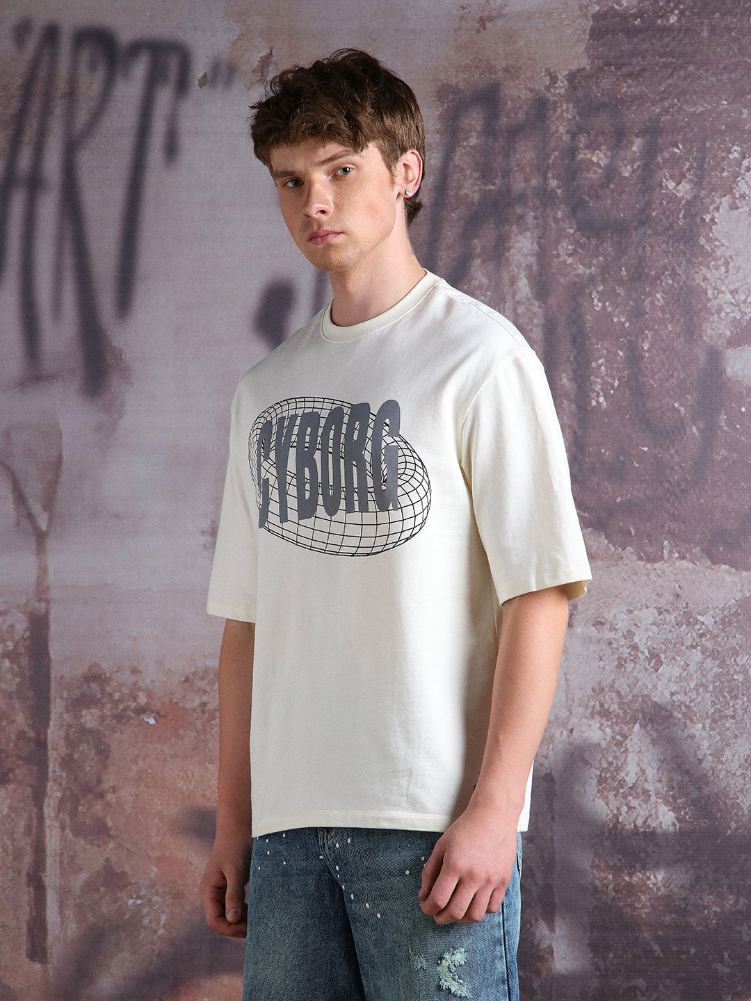 Hubberholme Men Cyborg Graphic Printed Oversized Fit T-shirt