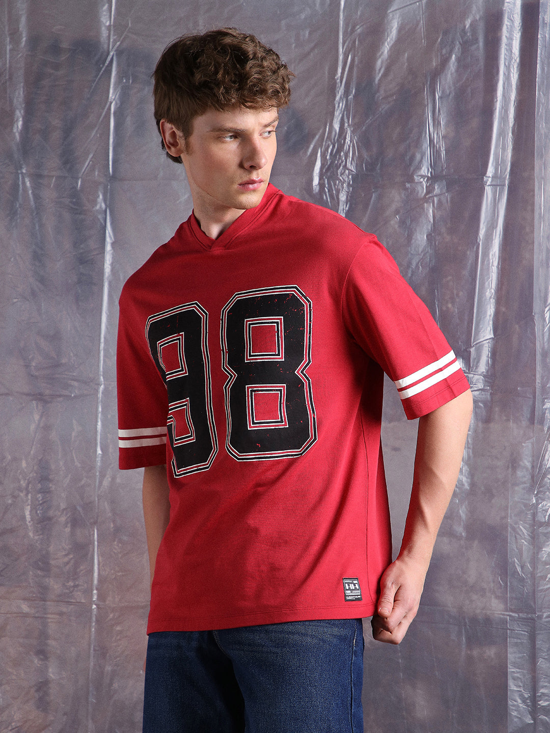 Hubberholme Men Holmer Graphic Printed V-Neck Oversized Fit T-shirt