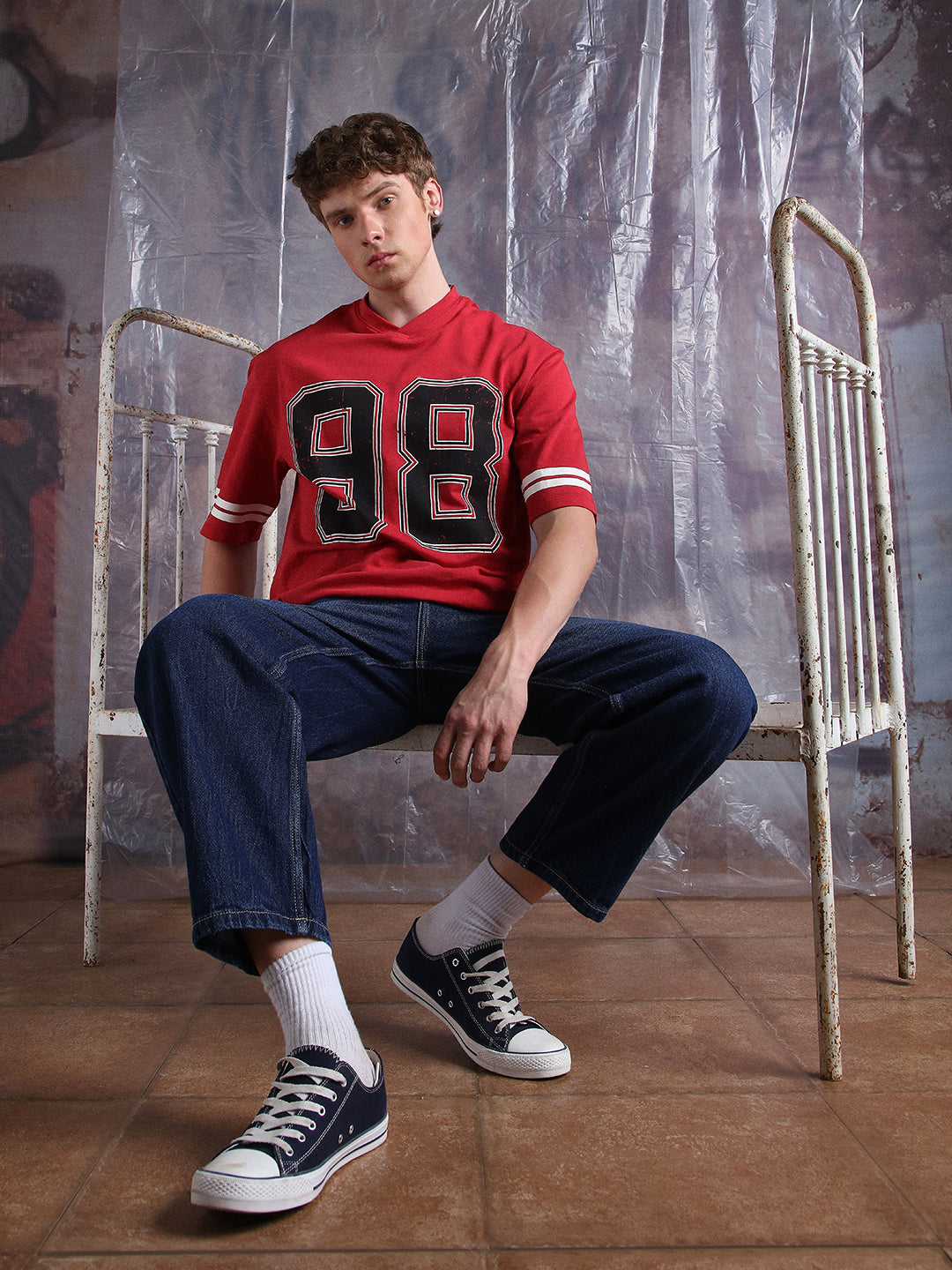 Hubberholme Men Holmer Graphic Printed V-Neck Oversized Fit T-shirt