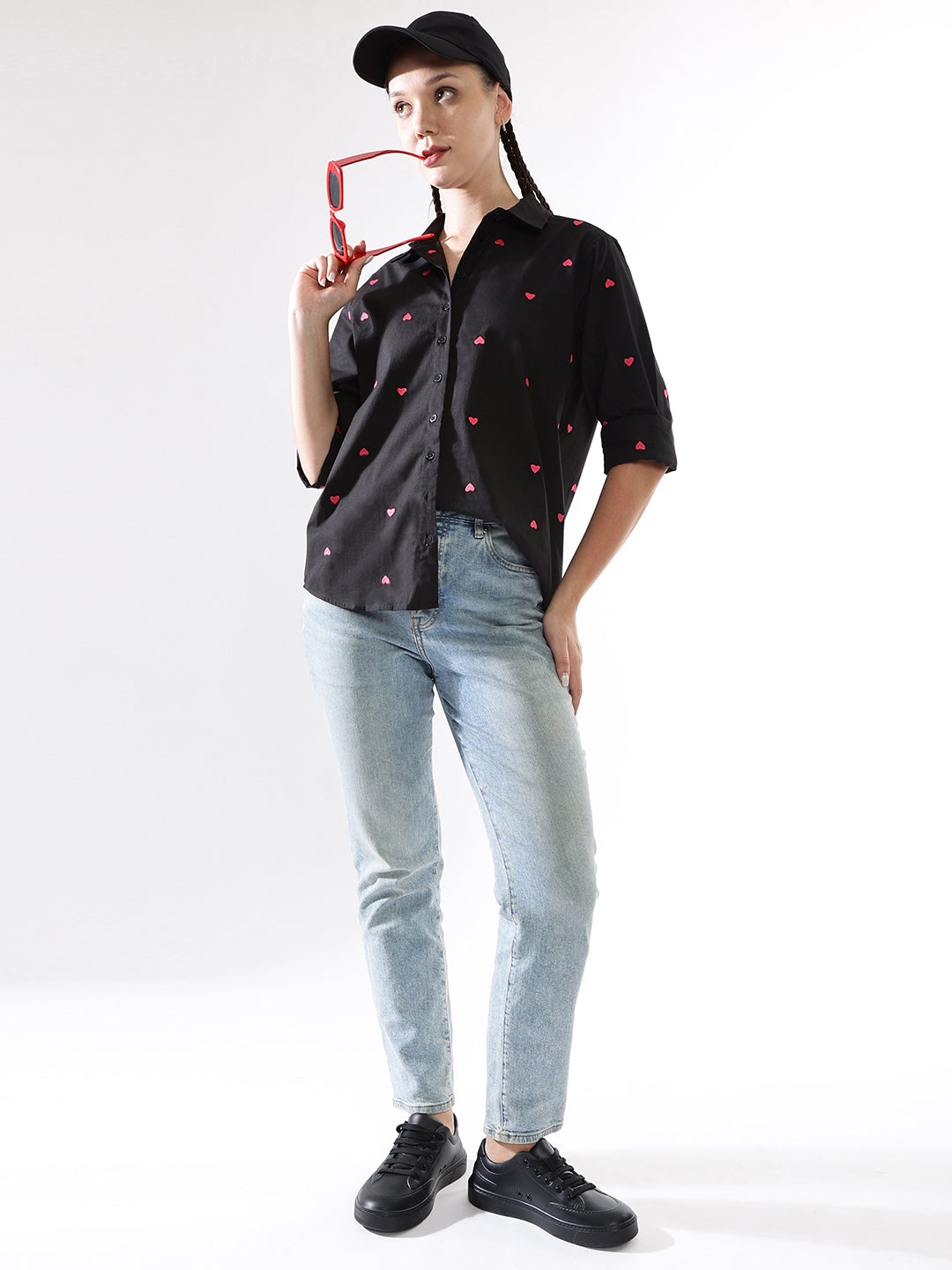 Hubberholme Women Embroidery Heart Shape Spread Collar Oversized Shirt