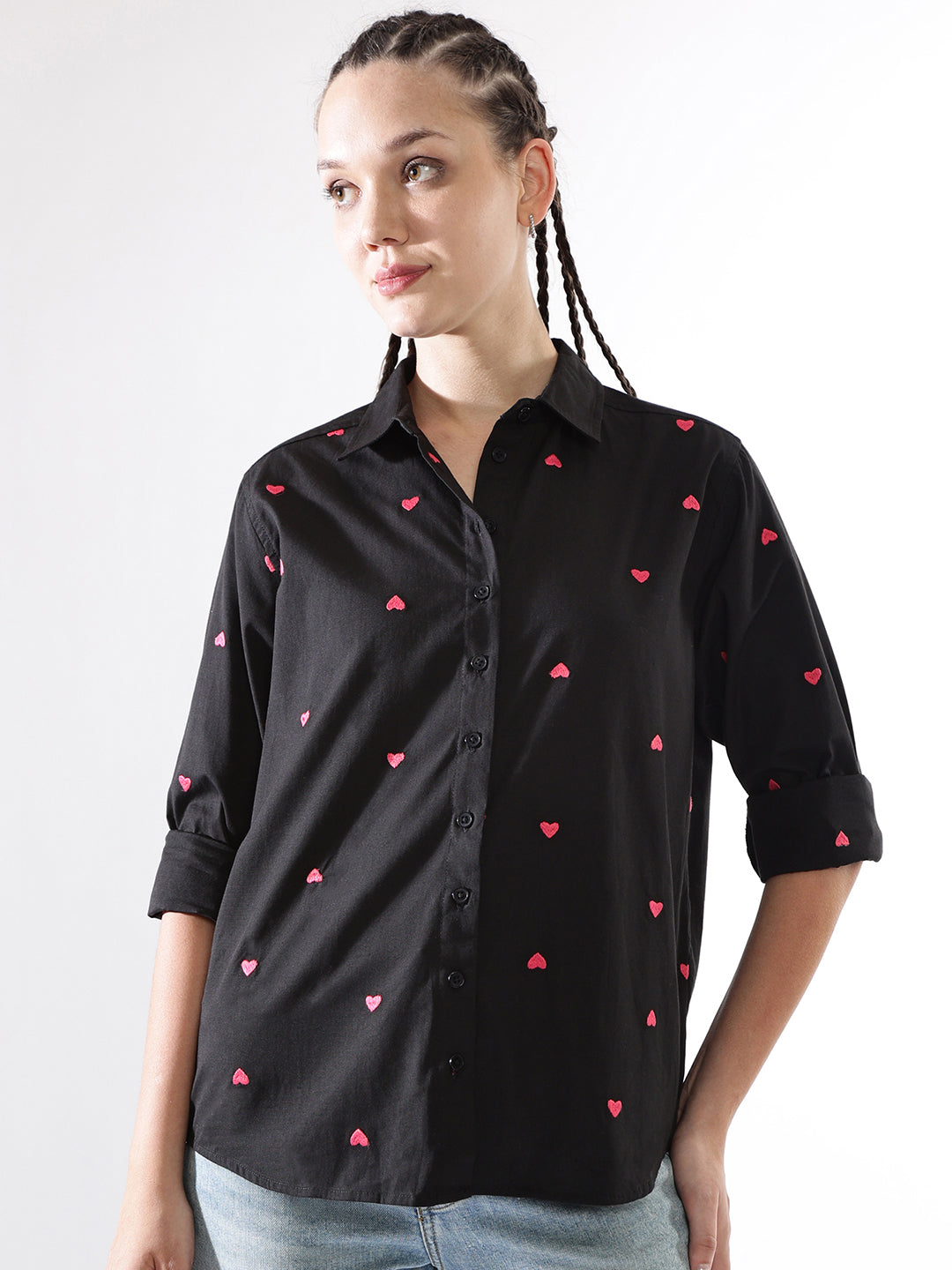 Hubberholme Women Embroidery Heart Shape Spread Collar Oversized Shirt