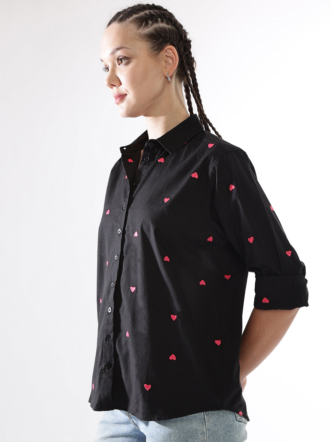 Hubberholme Women Embroidery Heart Shape Spread Collar Oversized Shirt