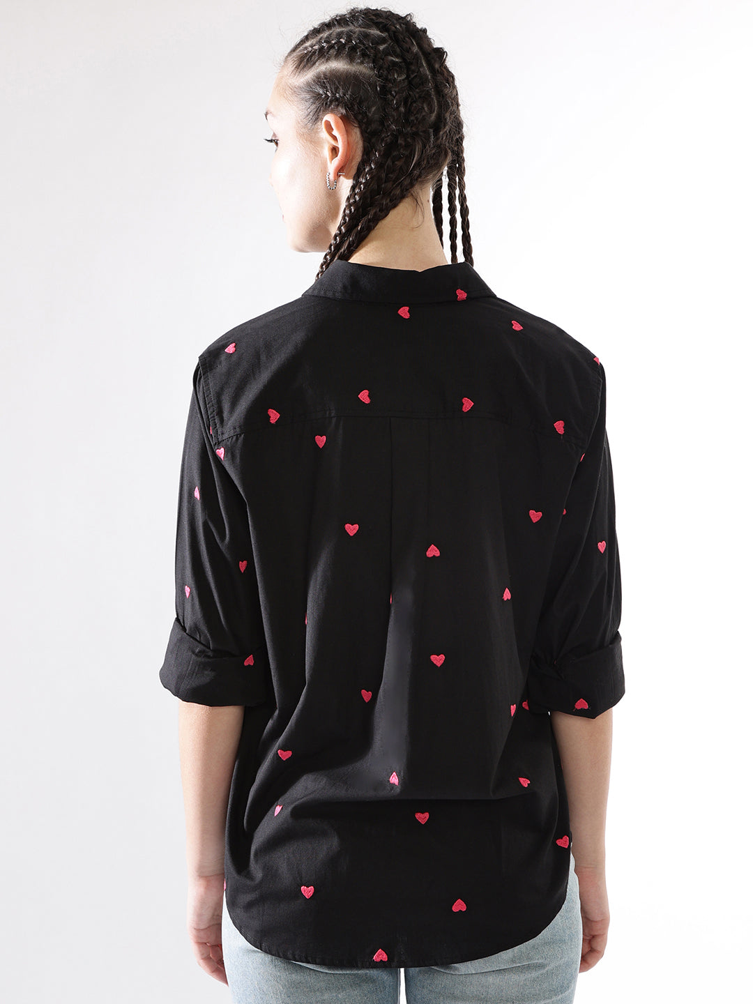 Hubberholme Women Embroidery Heart Shape Spread Collar Oversized Shirt