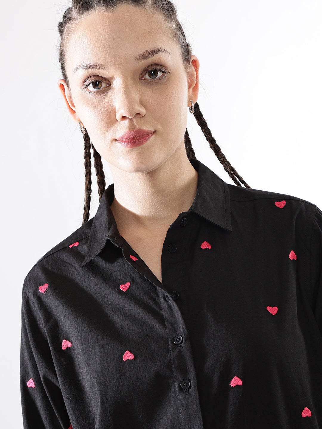 Hubberholme Women Embroidery Heart Shape Spread Collar Oversized Shirt