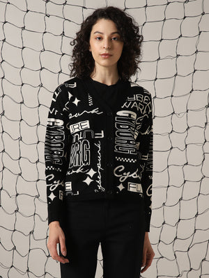 Hubberholme Women Boxy Fit Typograghy Sweater Cardigan
