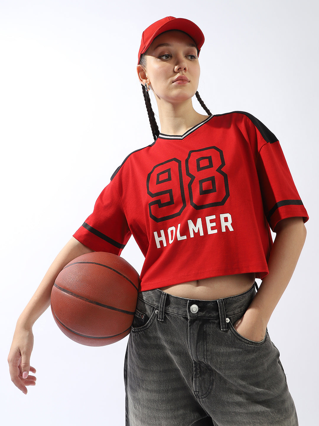 Hubberholme Typography Printed V-Neck Raw Edge Boxy Cotton T-shirt