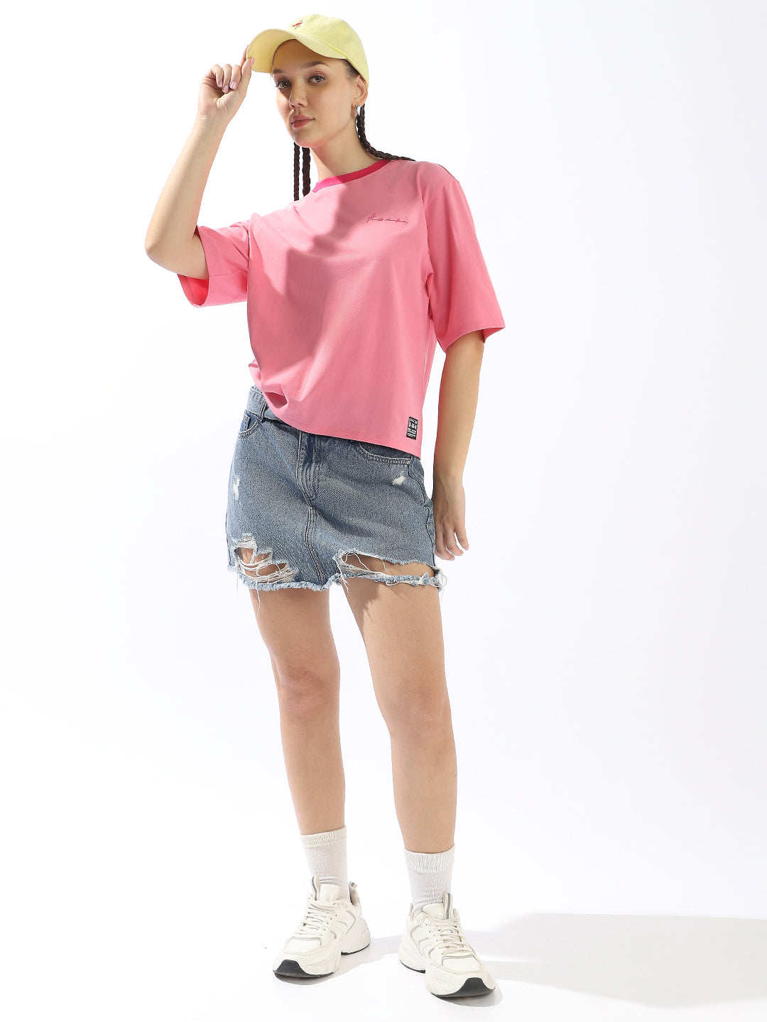 Hubberholme Solid Round Neck Short Sleeves Oversized Cotton T-shirt