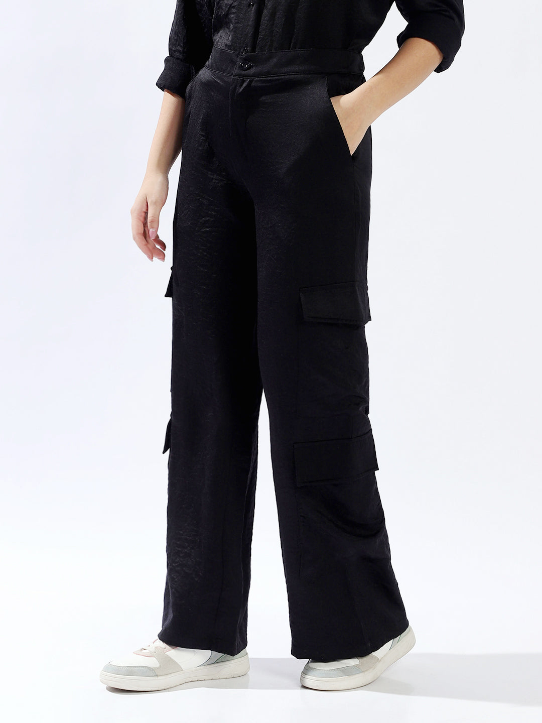 Hubberholme Women Polyester Wide Leg High-Rise Casual Trousers
