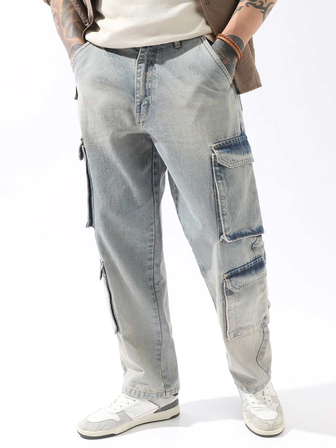 High Star Men Comfort Straight Fit Mid-Rise Heavy Fade Cotton Cargo Styles Jeans