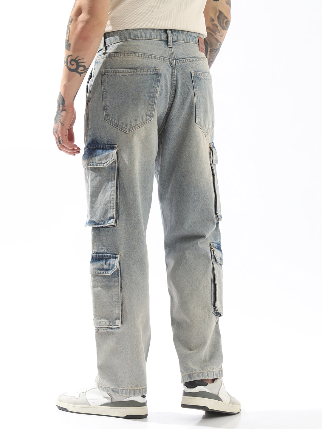 High Star Men Comfort Straight Fit Mid-Rise Heavy Fade Cotton Cargo Styles Jeans