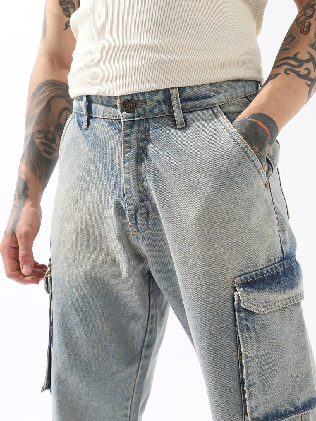 High Star Men Comfort Straight Fit Mid-Rise Heavy Fade Cotton Cargo Styles Jeans