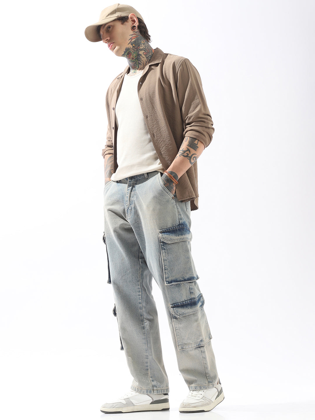 High Star Men Comfort Straight Fit Mid-Rise Heavy Fade Cotton Cargo Styles Jeans