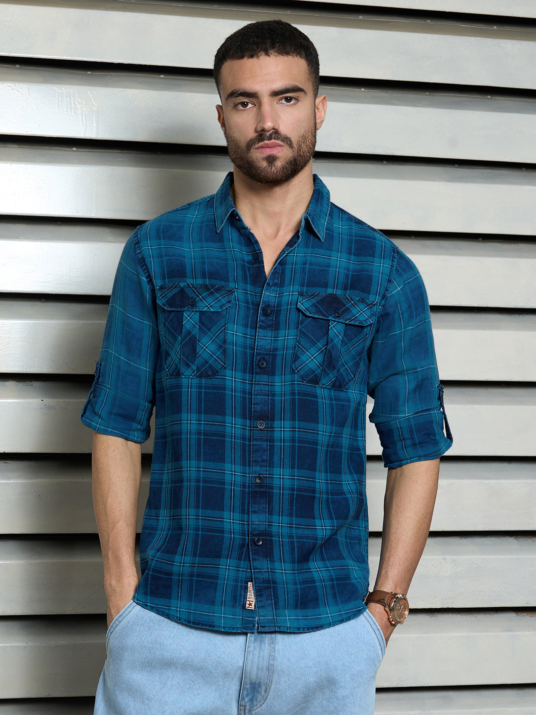 Men Cotton Spread Collar Long Sleeves Checked Regular Fit Casual Shirts