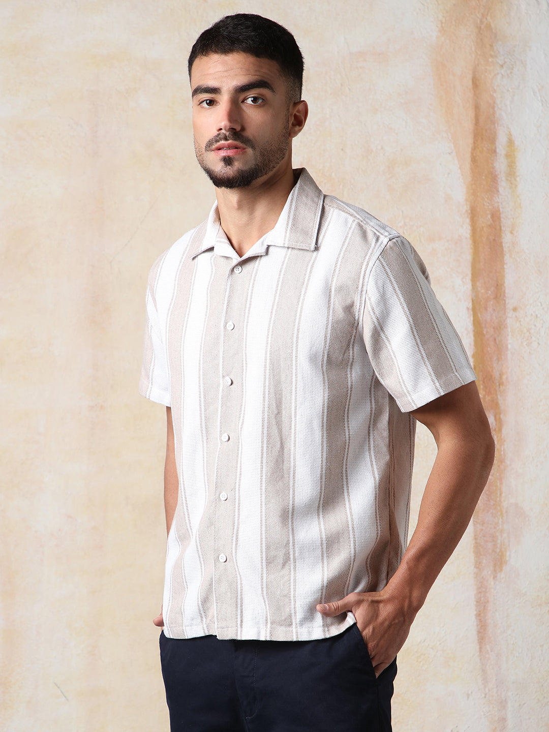 High Star Men Strip Relaxed Resort Collar Half sleeve Shirts