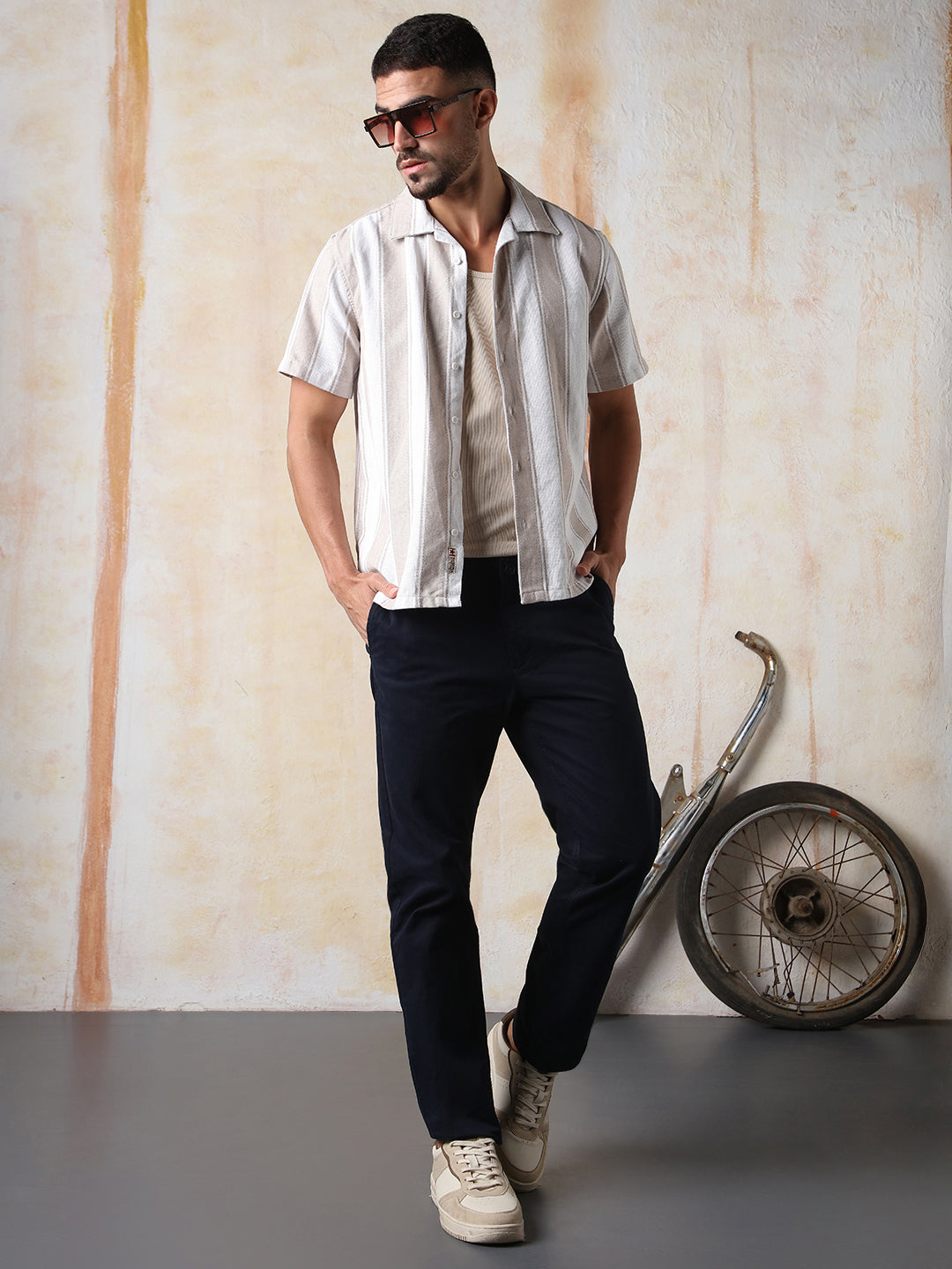 High Star Men Strip Relaxed Resort Collar Half sleeve Shirts