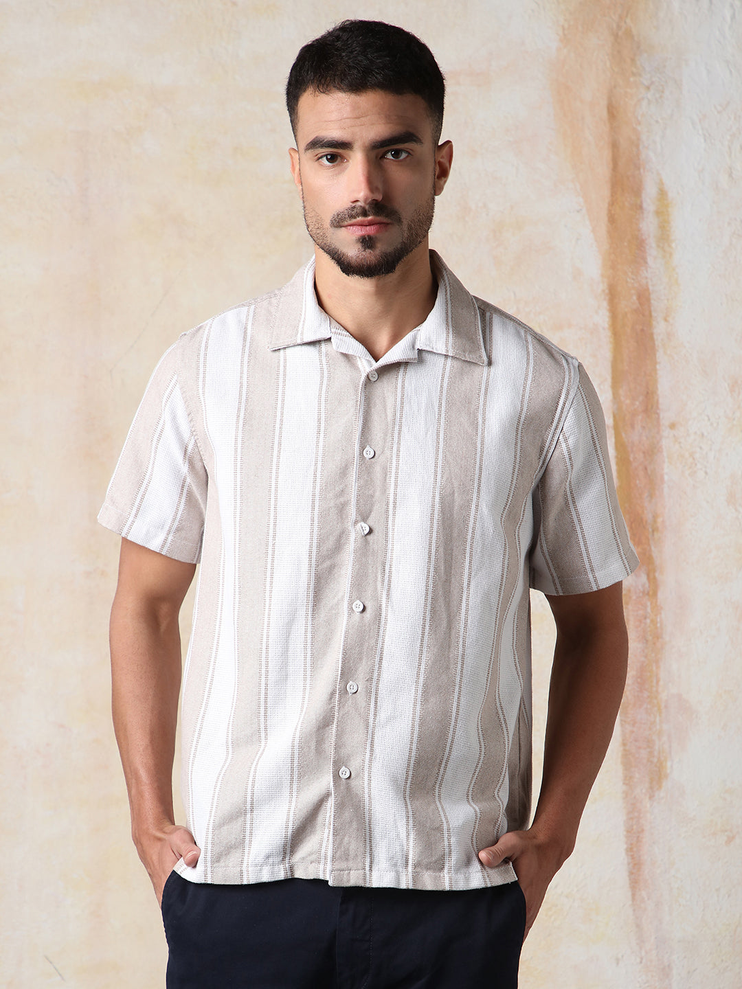 High Star Men Strip Relaxed Resort Collar Half sleeve Shirts