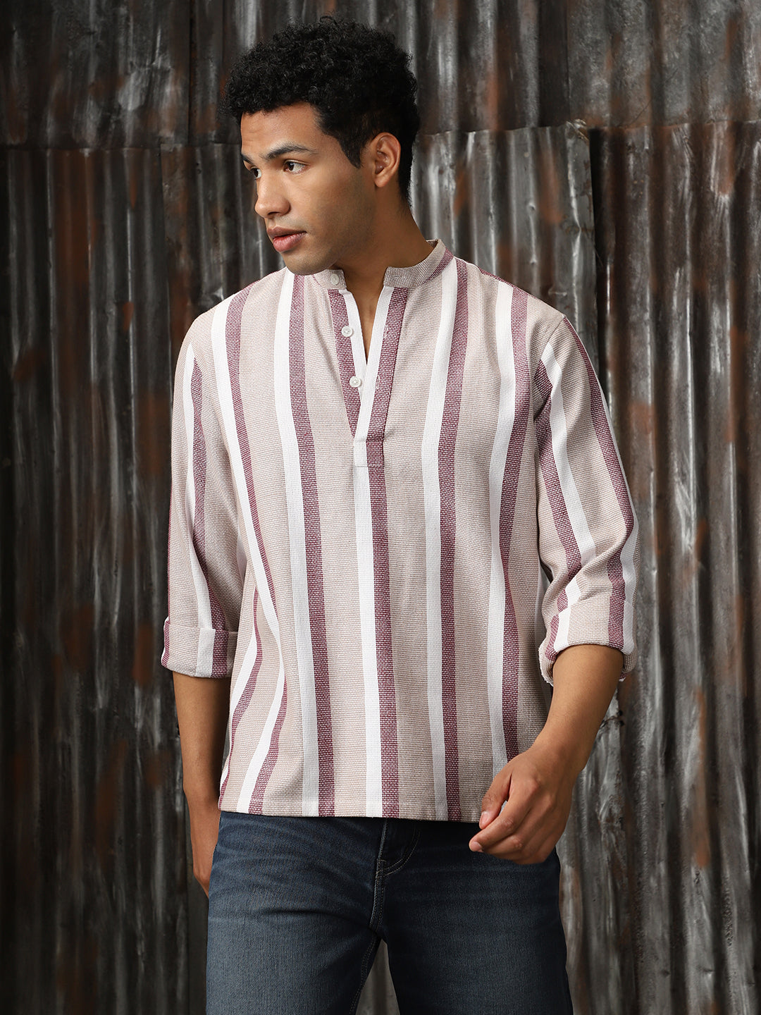 Men Strip Cotton Relaxed Fit  Collar Long Sleeve Shirts