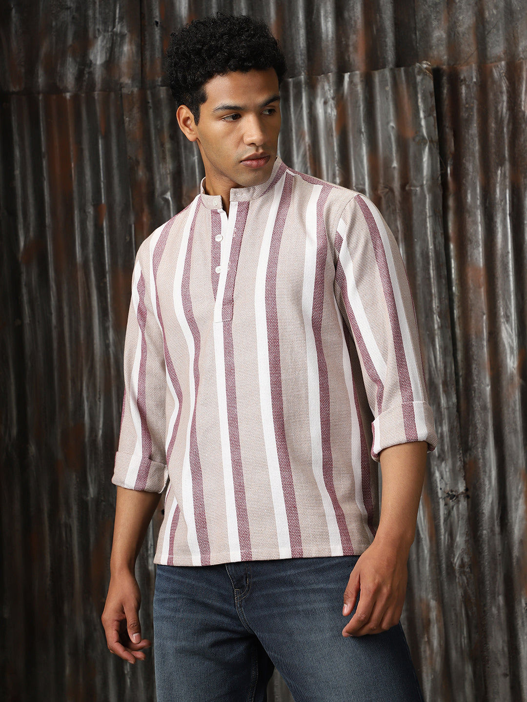 Men Strip Cotton Relaxed Fit  Collar Long Sleeve Shirts