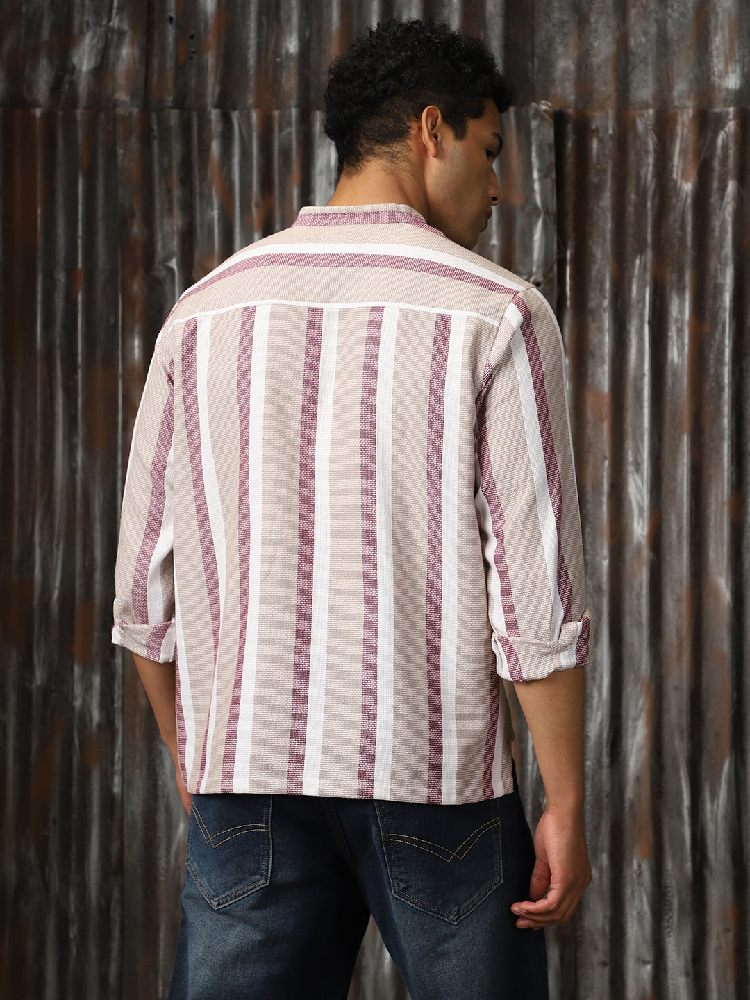Men Strip Cotton Relaxed Fit  Collar Long Sleeve Shirts