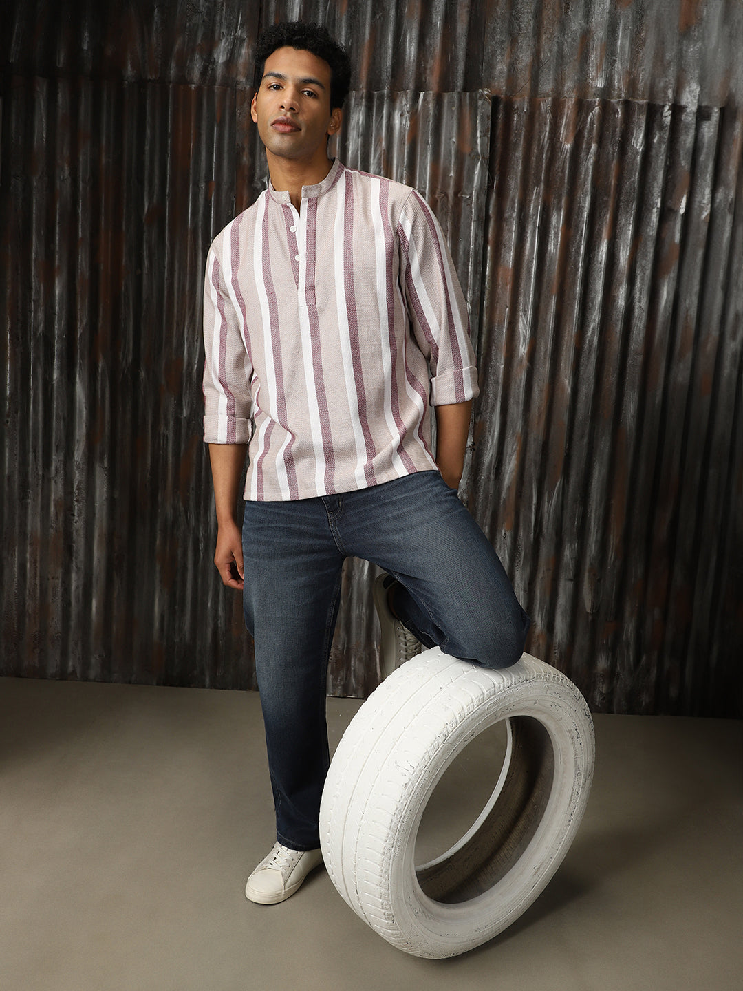 Men Strip Cotton Relaxed Fit  Collar Long Sleeve Shirts
