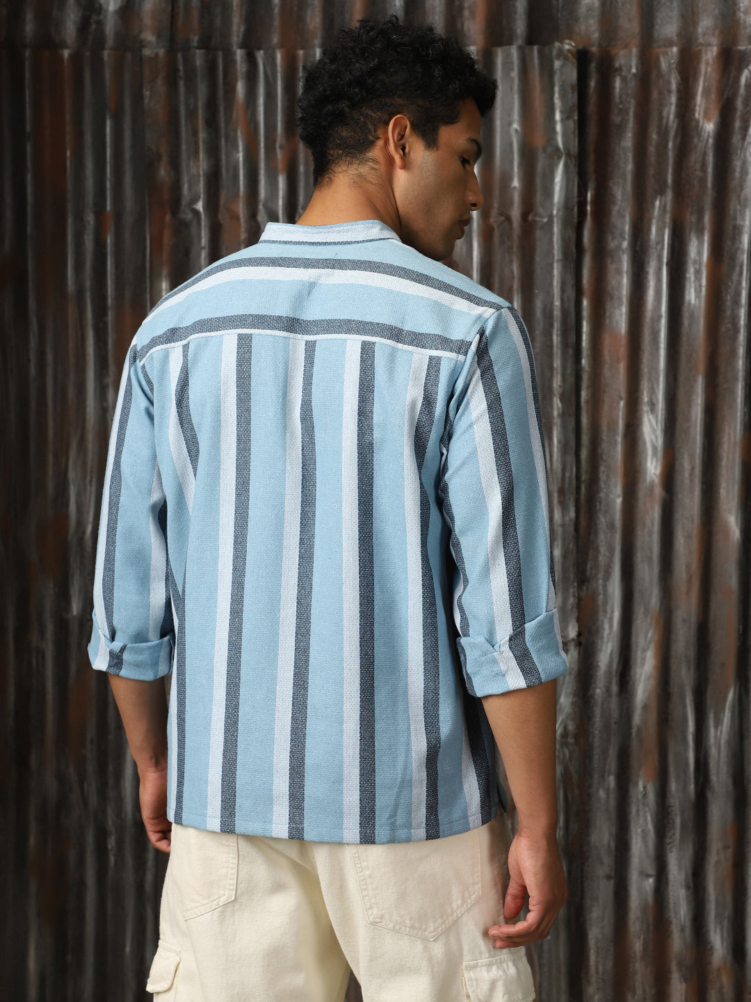 Men Strip Cotton Relaxed Fit  Collar Long Sleeve Shirts