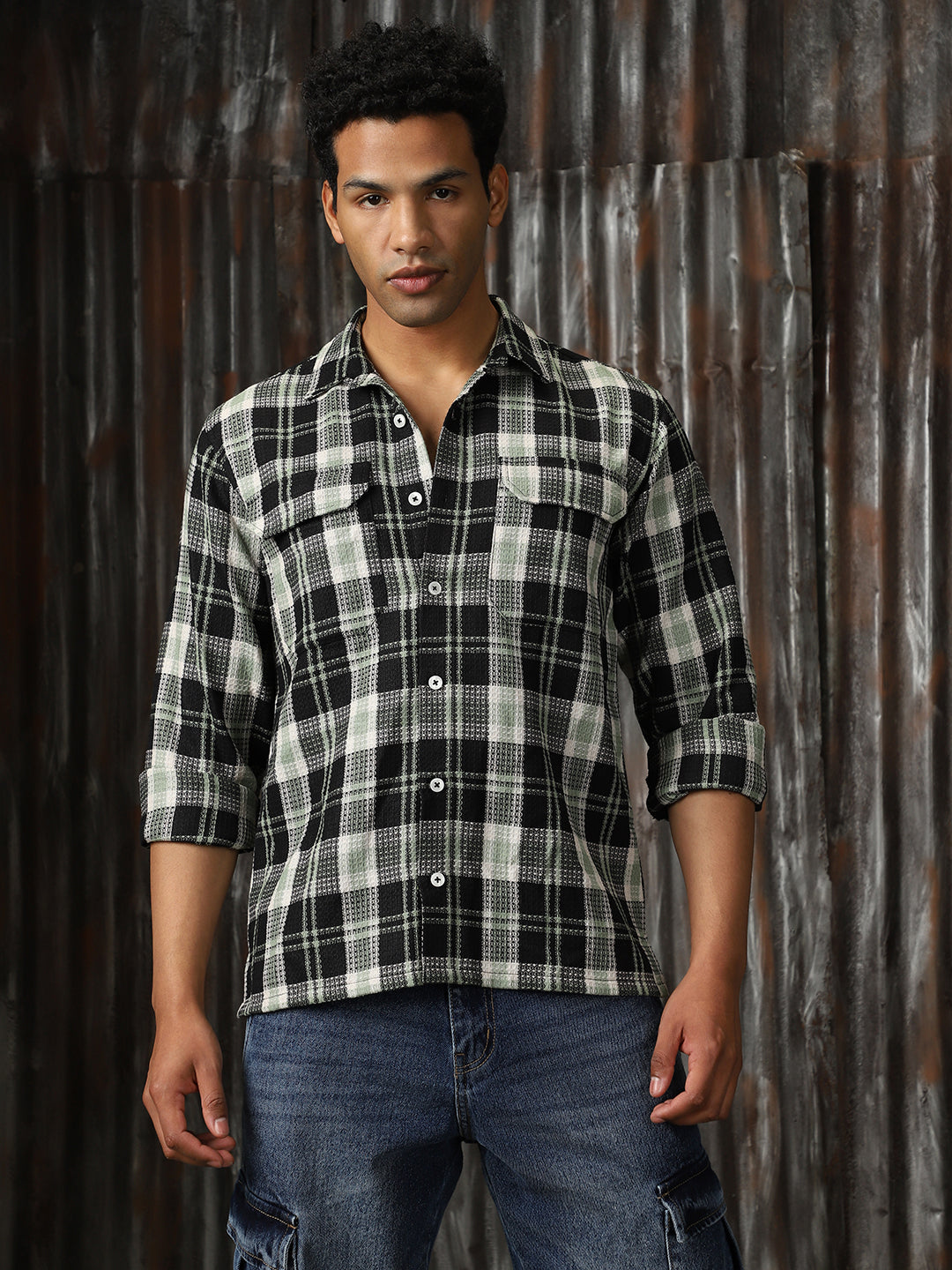 Men Check Cotton Relaxed Fit  Collar Long Sleeve Shirts