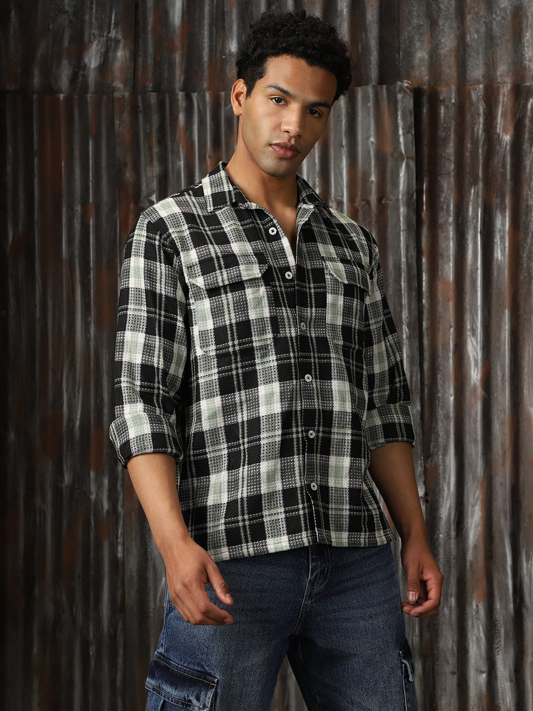 Men Check Cotton Relaxed Fit  Collar Long Sleeve Shirts