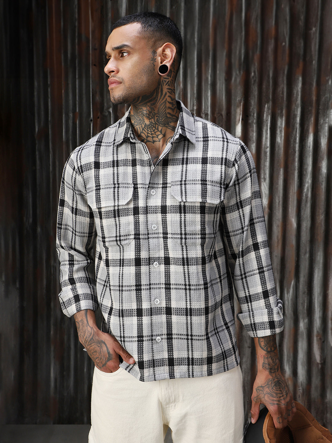 Men Check Cotton Relaxed Fit  Collar Long Sleeve Shirts