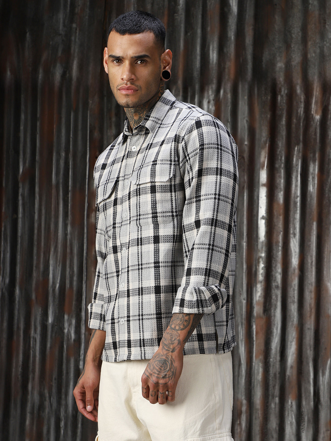 Men Check Cotton Relaxed Fit  Collar Long Sleeve Shirts