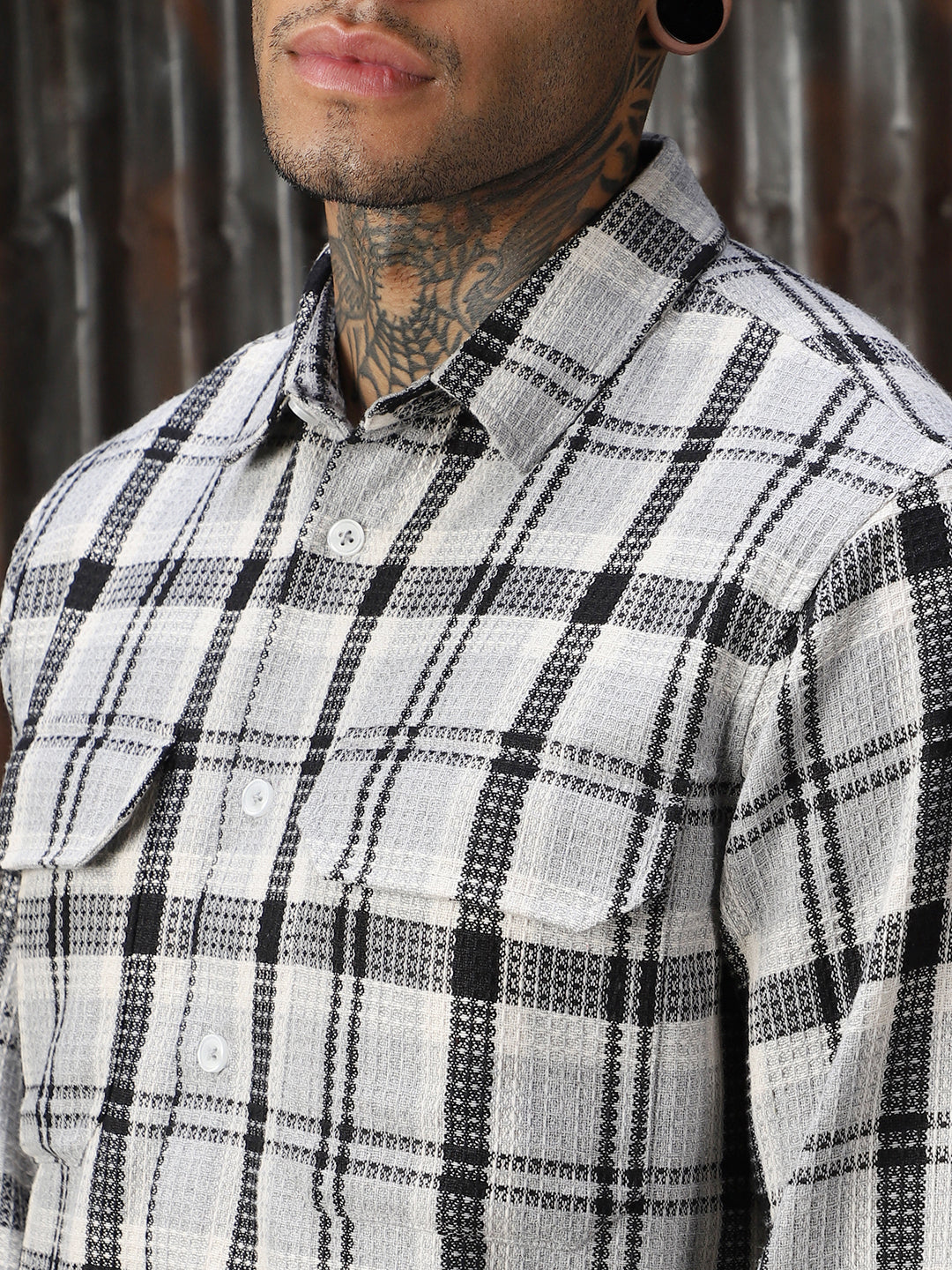 Men Check Cotton Relaxed Fit  Collar Long Sleeve Shirts