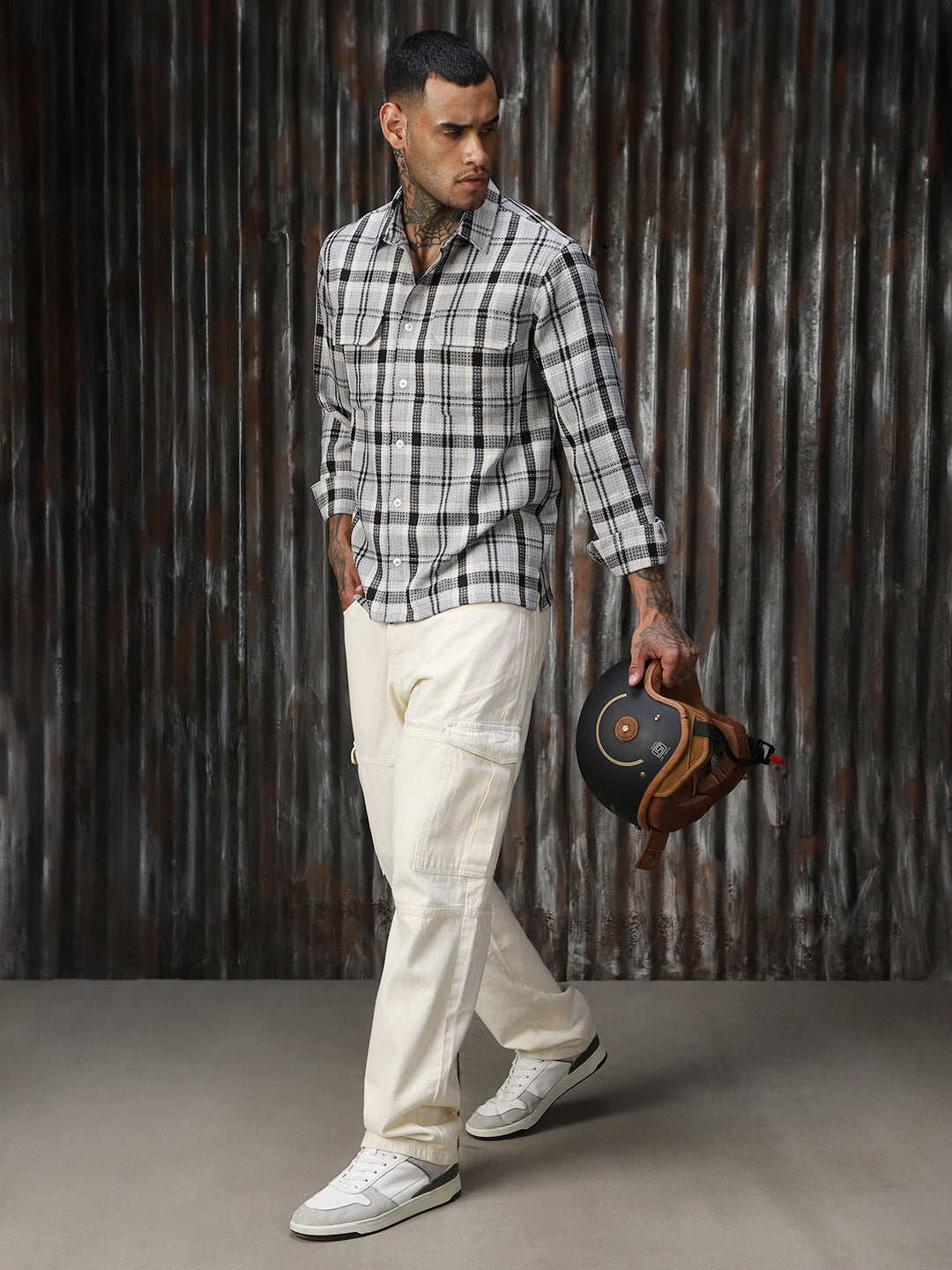 Men Check Cotton Relaxed Fit  Collar Long Sleeve Shirts