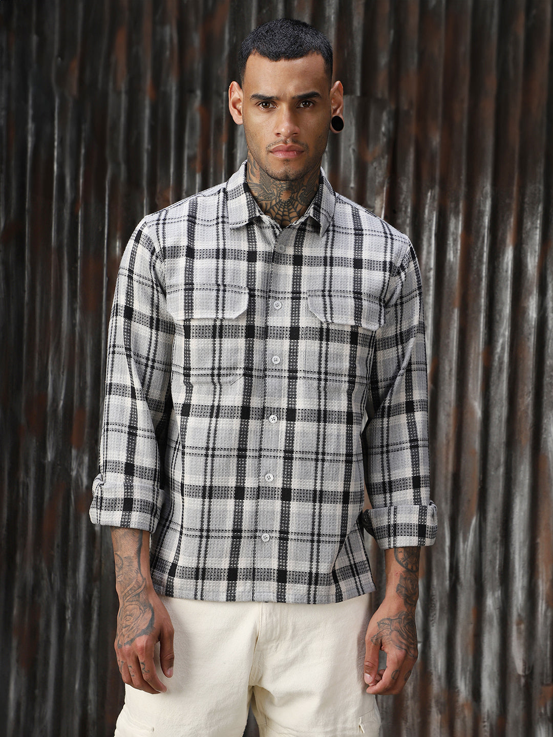 Men Check Cotton Relaxed Fit  Collar Long Sleeve Shirts