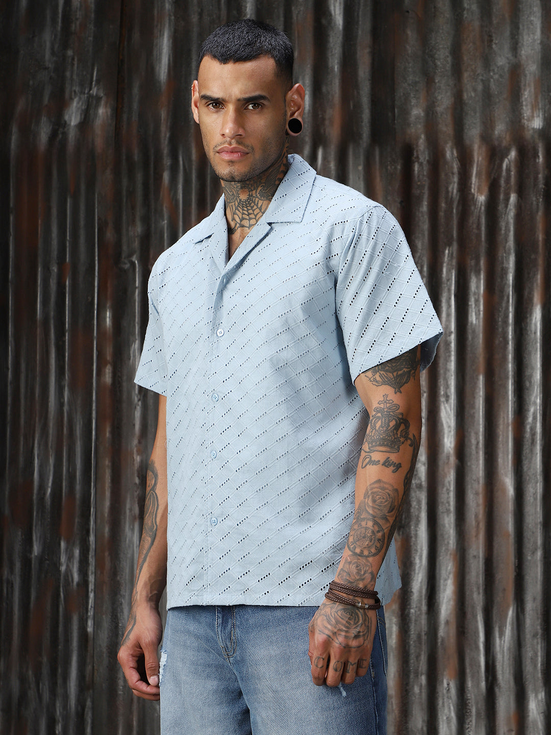 Men Schiffli Cotton Relaxed Fit  Collar Short Sleeve Shirts
