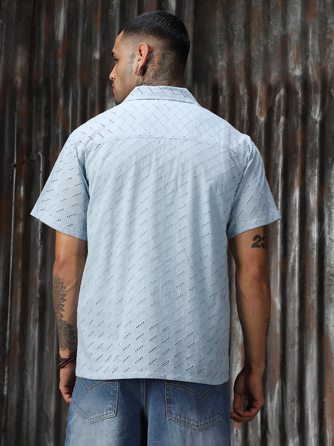 Men Schiffli Cotton Relaxed Fit  Collar Short Sleeve Shirts