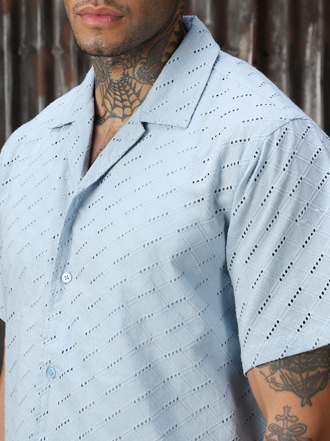 Men Schiffli Cotton Relaxed Fit  Collar Short Sleeve Shirts