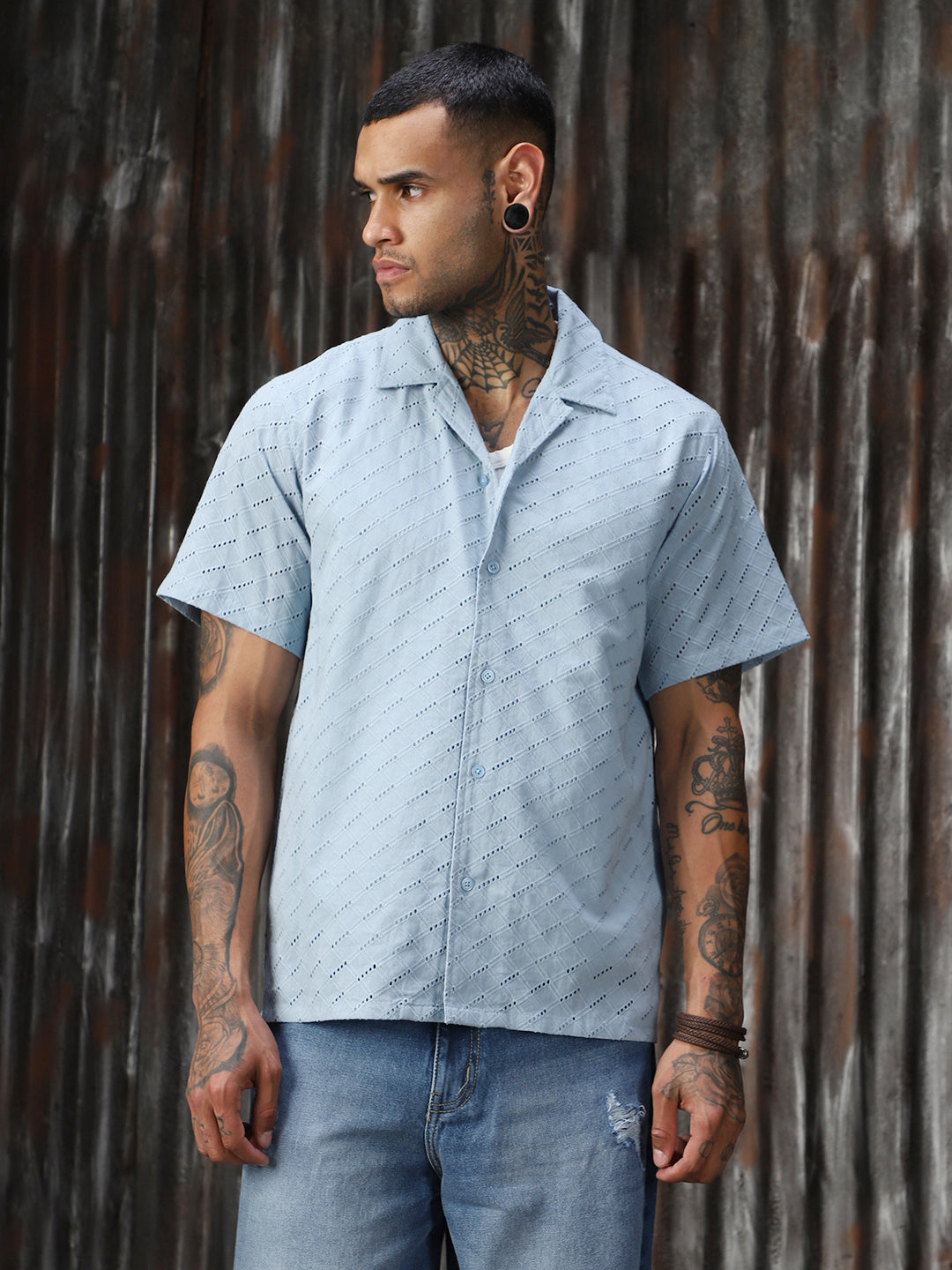 Men Schiffli Cotton Relaxed Fit  Collar Short Sleeve Shirts