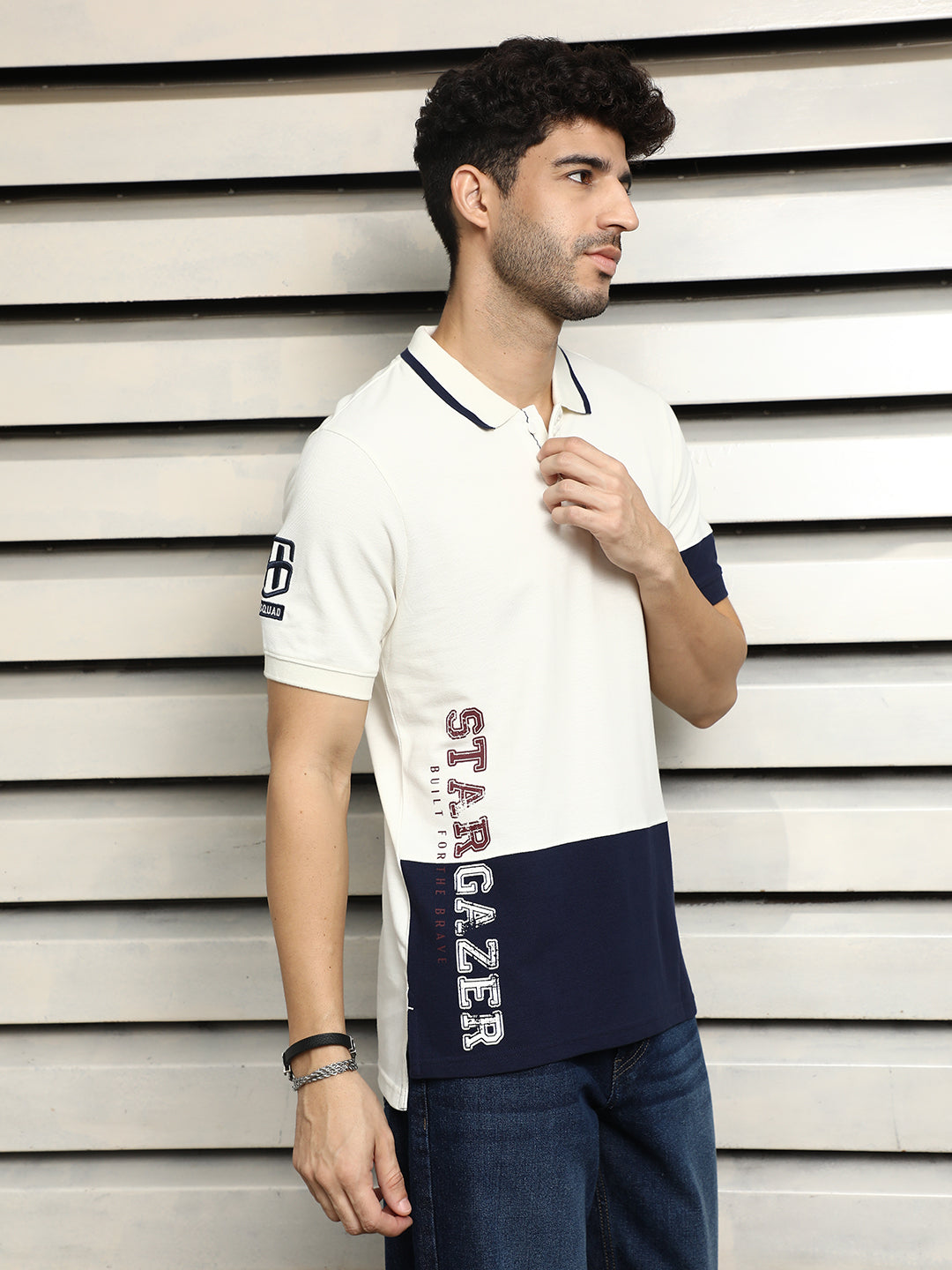 Men Polo Collar Typographic color blocked cotton T-shirt