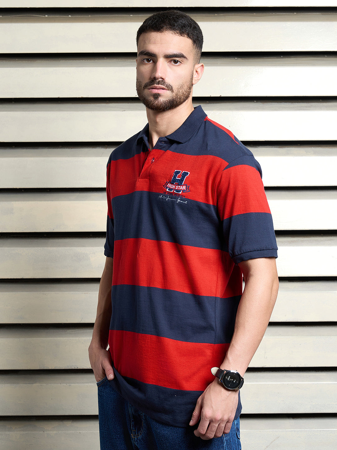 Men Cotton  Striped Short Sleeves Polo neck casual  Tshirt