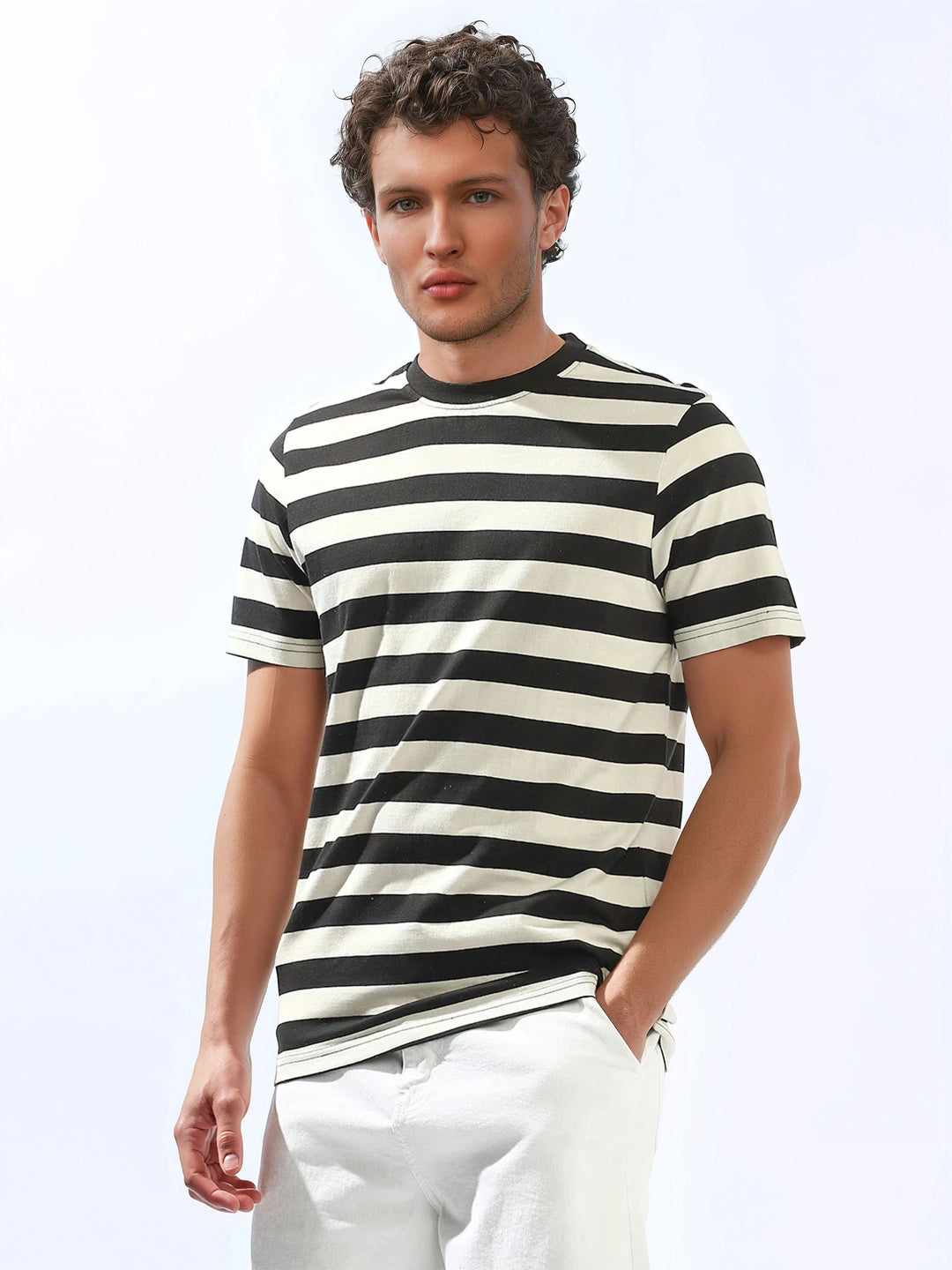 High Star Men Cotton Strip Regular fit Crew neck Halfsleeve Tshirts