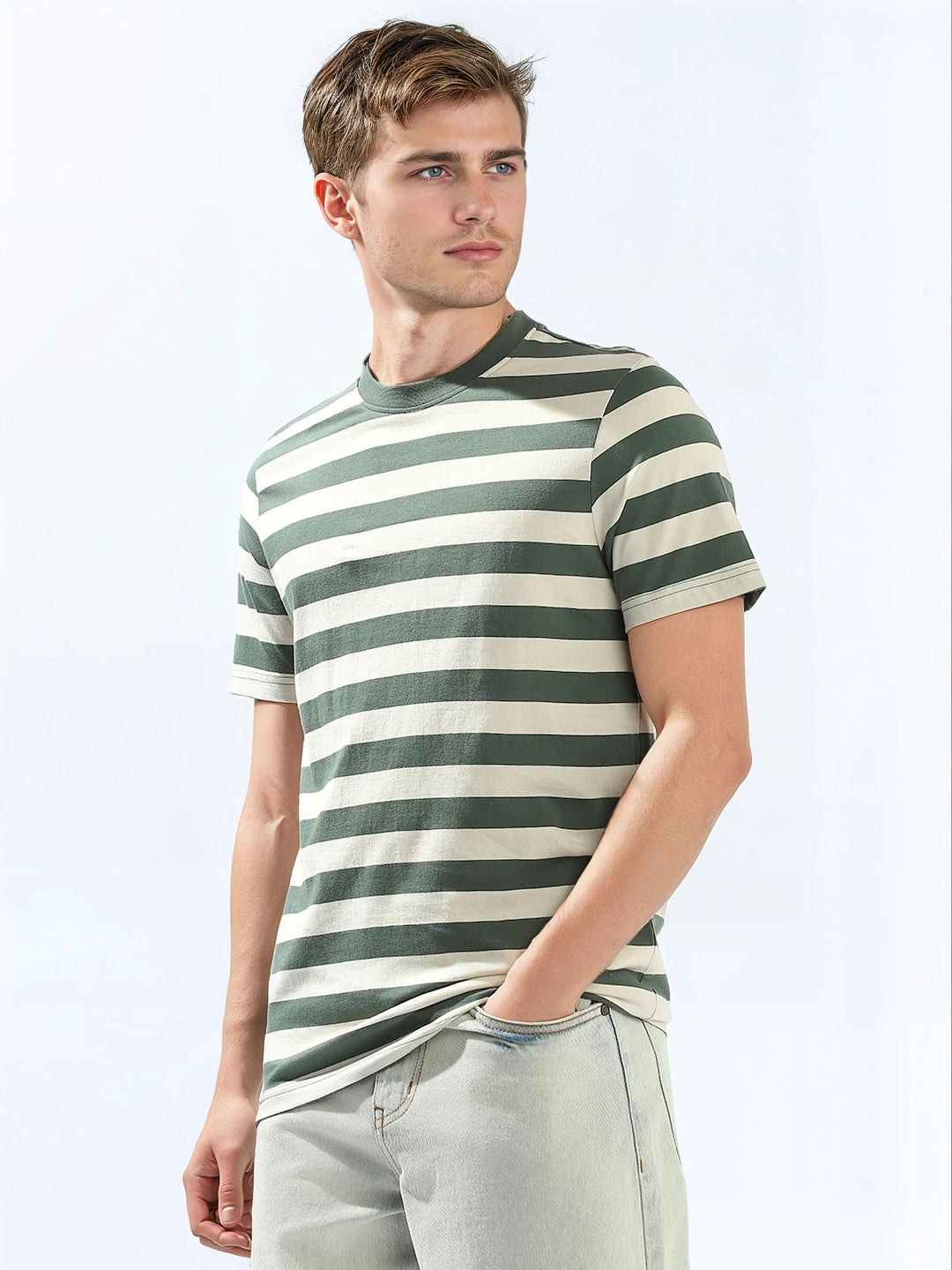 High Star Men Cotton Strip Regular fit Crew neck Halfsleeve Tshirts