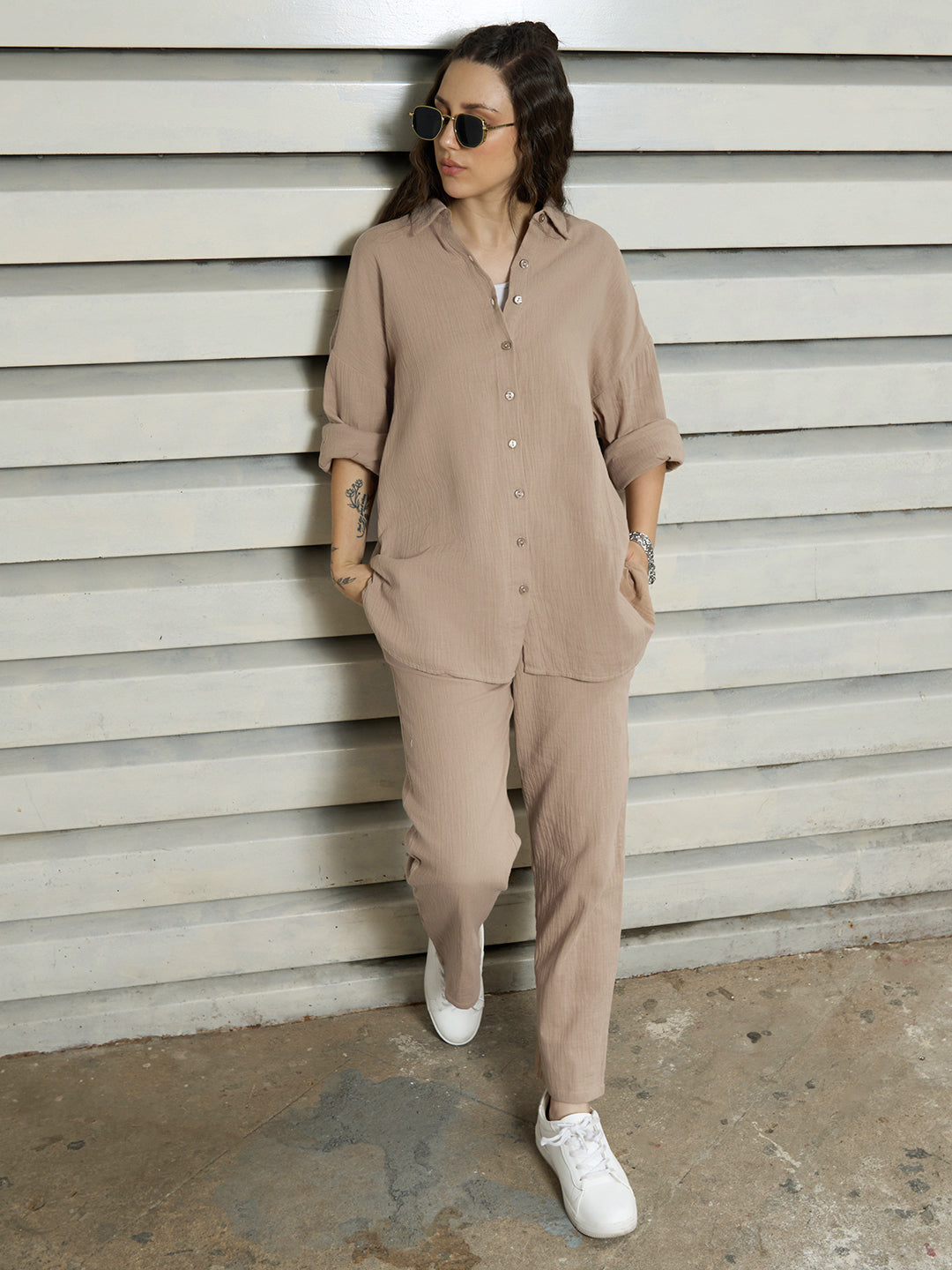 Women Casual Long Sleeves Solid Co-ords