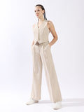 High Star Women Solid Tailored Fit Wide leg High-Rise V-Neck Waist coat and Trouser Co-ords