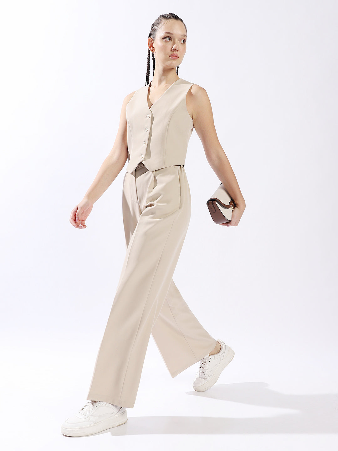 High Star Women Solid Tailored Fit Wide leg High-Rise V-Neck Waist coat and Trouser Co-ords